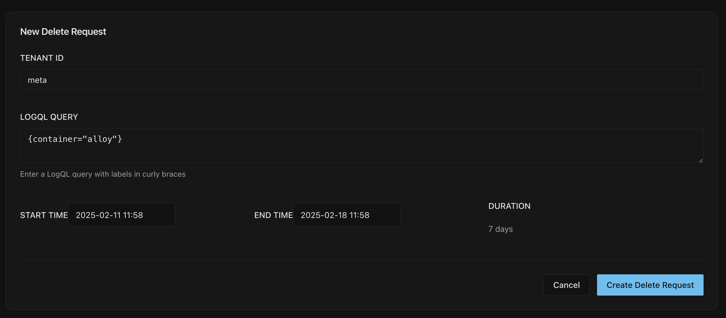 Loki UI New Delete Request Loki UI New Delete Request